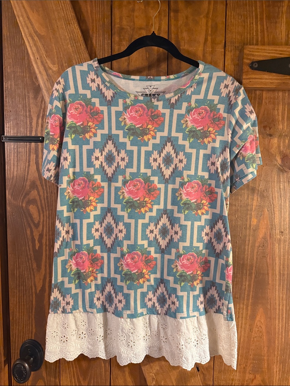 Crazy Train Teal Aztec Rose Print Top with White Lace